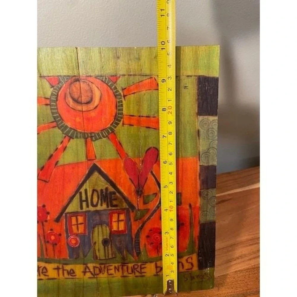 S Burgess Hand Painted Wood Wall Plaque Home Where the Adventure Begins Folk Art